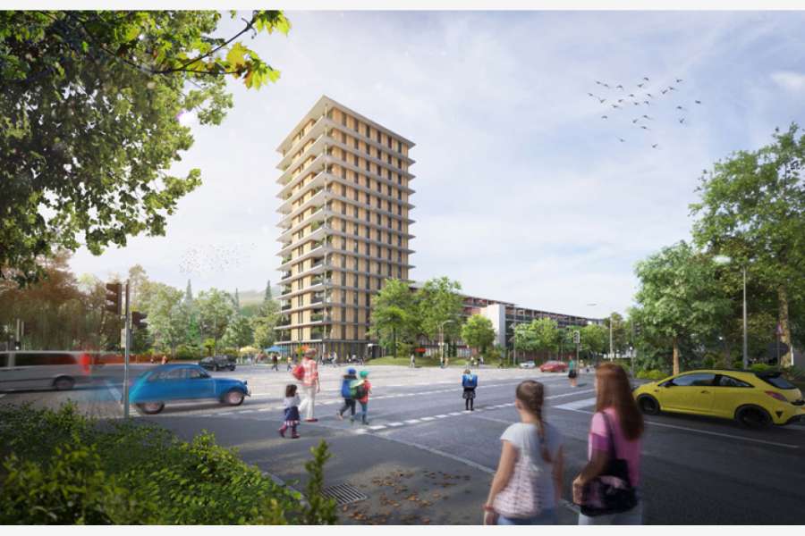Neben dem Hochhaus entstehen außerdem zwei flache Gebäude (Bild: DBU)