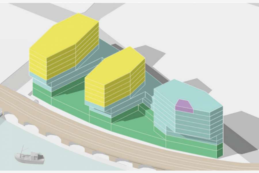 Zeichnung der drei Gebäudeteile des neuen Wohn- und Büro-Hauses an der Spree. Screenshot www.wieweil.berlin