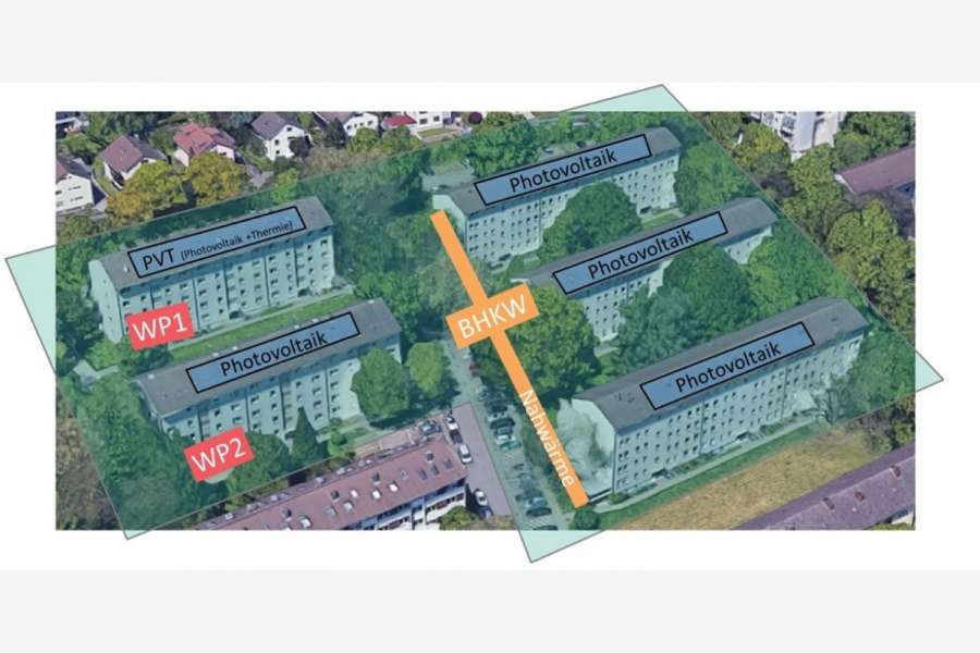 Energieversorgungskonzept „Smartes Quartier Karlsruhe-Durlach“ mit Photovoltaik, zwei dezentralen Wärmepumpen und einem BHKW mit Nahwärmeleitung. © Google Earth, Map data: Google, Ge-oBasis-DE/BKG