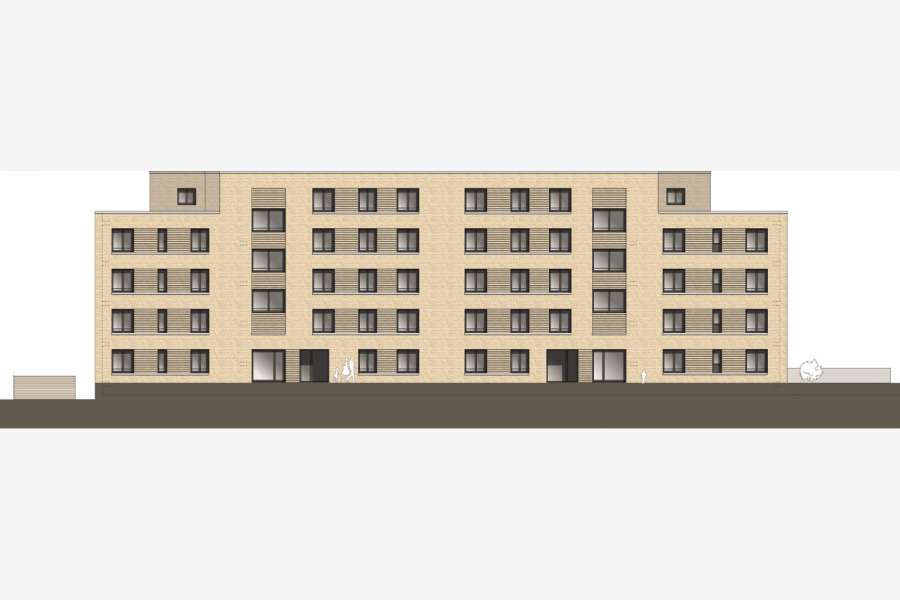 Vorderansicht von einem viergeschossigen Mehrfamilienhaus mit Staffelgeschoss im geförderten Wohnungsbau, das Sahle Wohnen in Franklin-Mitte errichtet. © Sahle Wohnen, Detailänderungen möglich
