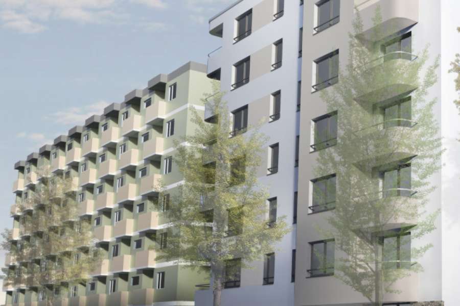Hier in der Bremer Str. werden Mitte Oktober pünktlich zu Beginn der neuen Vorlesungszeit Studierende und Auszubildende in die 66 Wohngruppen mit insgesamt 100 Wohnplätzen einziehen. BILD: HAAS ARCHITEKTEN