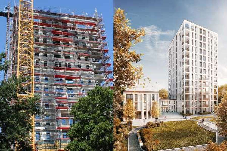 So sieht der Rohbau des Lipsia-Turms im Juni 2019 aus (links), rechts ist die Visualisierung des fertigen Wohngebäudes zu sehen. (Fuchshuber Architekten)
