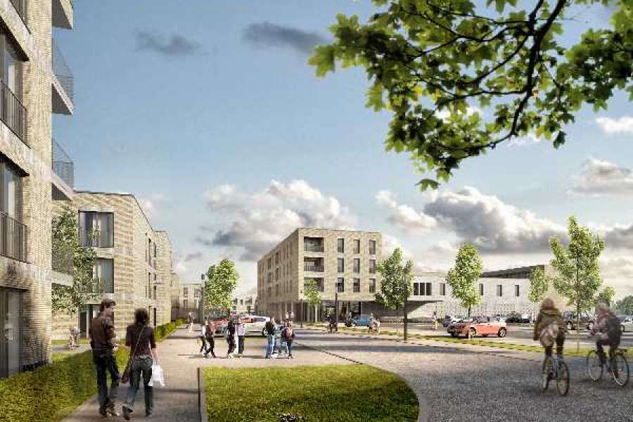 Der Eingang ins Quartier: Nahversorgung und Wohnen in direkter Nachbarschaft. Visualisierung: Wohn + Stadtbau | Loomn Architekturvisualisierung