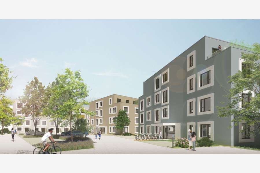 Aufgelockerte Bebauung: Die Wohngebäude werden großzügig von Wegen sowie Grün- und Spielflächen durchzogen. Visuali-sierung: FFM-Architekten. Tovar + Tovar Part GmbB