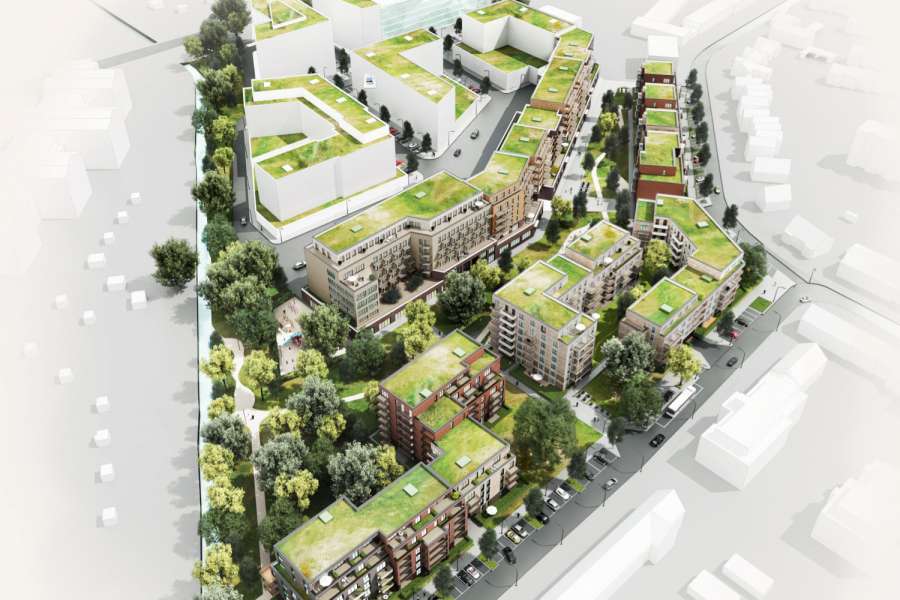 Ein spannendes Miteinander von Wohnen und Arbeiten soll enstehen: Visualisierung des Petersen Park in Hamburg Groß Borstel. BILD: Heitmann Montufar Architekten