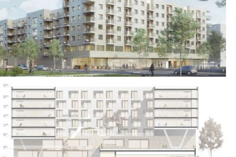 Schule, Sporthalle, Wohnungen: Ackermann + Raff aus Stuttgart realisieren für die Nassauische Heimstätte die erste horizontale Hybridschule Deutschlands. Visualisierung: Ackermann + Raff
