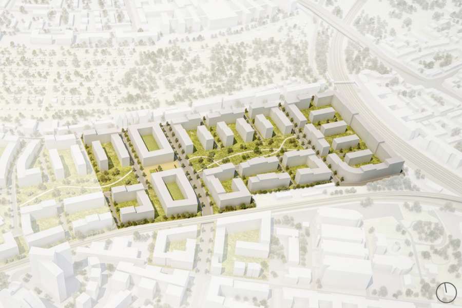 Im östlichen Bereich des Areals entsteht auf Flächen von Nassauischer Heimstätte und Instone Real Estate das Schönhof-Viertel mit der Quartiersmitte und Wohnungen. Bild: Instone Real Estate.