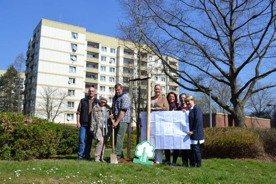 Sie errichten den Sahle Wohnen-Baumlehrpfad an der Mendener Straße (v.l.): Andreas Schafranitz (Gegenbauer), Hilde Hoffmann (AK Friedrich-Wilhelms-Hütte), Robert Dörnenburg (Selders), Elke Schmengler und Isabel Nolden (Sahle Wohnen), Clemens Hölter (No Energy) und Barbara Fröhning (Parea). Foto: Sahle Wohnen