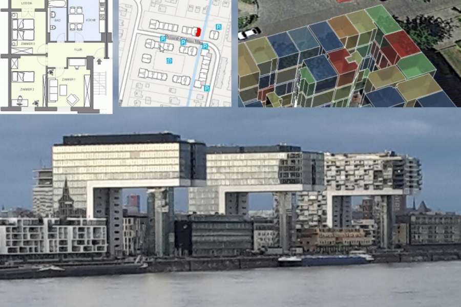 map topomatik will die Arbeitsweisen von Kunden aus der Immobilienwirtschaft vereinfachen: Bei der Bestandserfassung, Pflege und Kontrolle von Objekten. Foto Köln: M.Eisinger; Collagenbilder: map topomatik