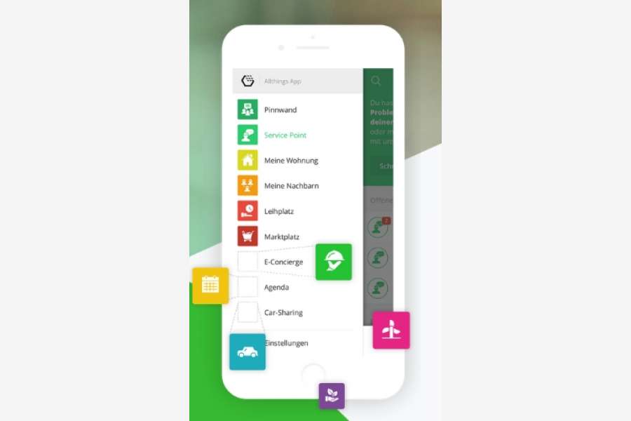 Bunt und modern - so sieht die Oberfläche der App aus, die Allthings anbietet. In Zukunft in einer speziellen Edition mit typischen Funktionen und Services, die Verwalter, Vermieter und Mieter brauchen, um miteinander zu kommunizieren.