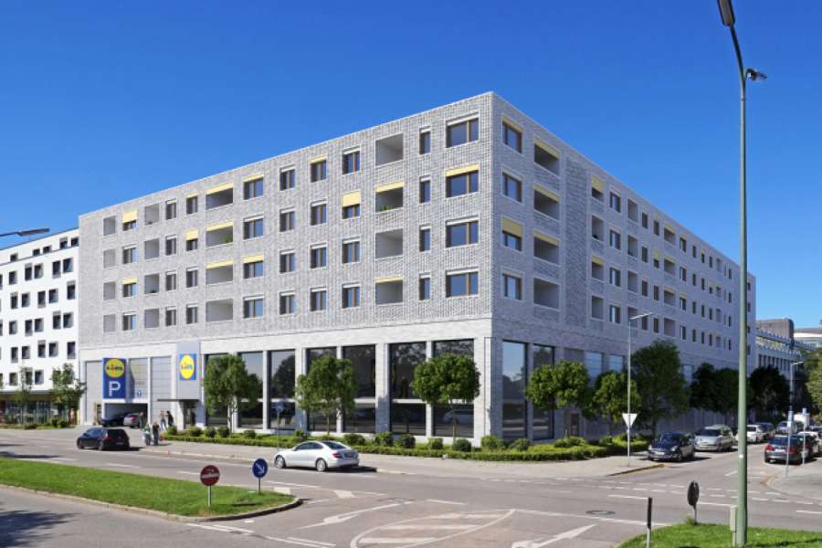 In der Tübinger Straße in München sind 100 neue Wohnungen geplant. Die Fertigstellung ist für Ende 2026 vorgesehen. Visualisierung: Rakete GmbH / Entwurf: ***+ Architekten