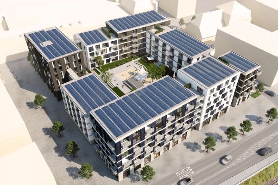 Photovoltaik-Anlagen auf den Dächern der zukünftigen Gebäude des LokWest-Quartiers in Esslingen. BILD: RVI GmbH