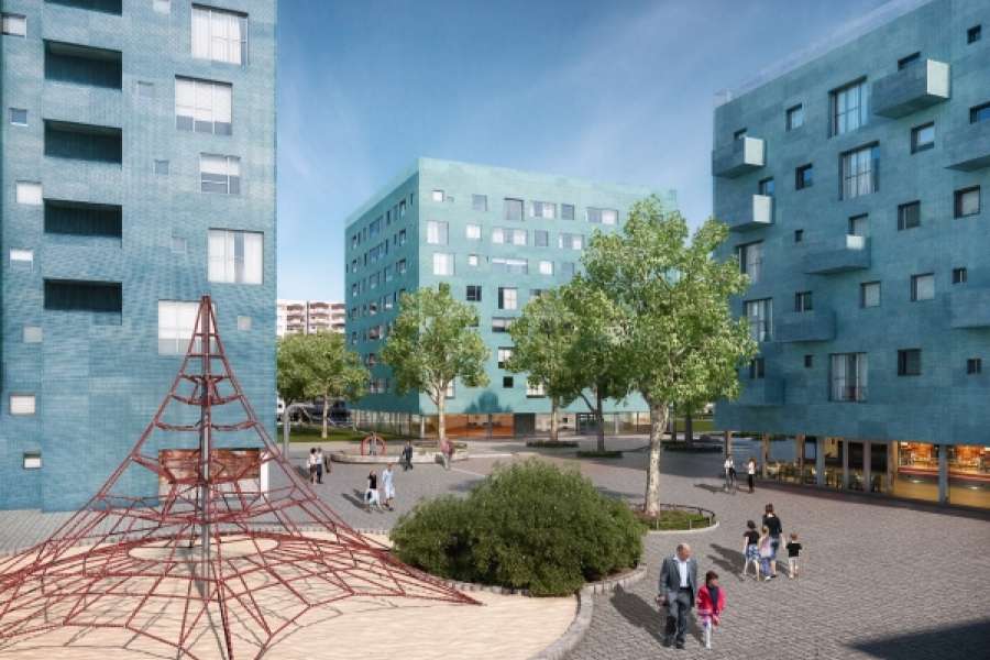 Rund 400 Wohnungen sollen in Hohenschönhausen "Im Mühlengrund" bis Ende 2019 fertiggestellt sein. Visualisierung: HOWOGE Wohnungsbaugesellschaft mbH/Petersen
