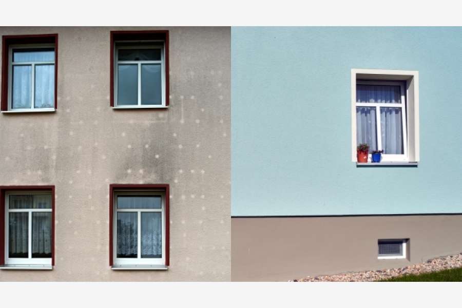 An der Fassade zeichneten sich vor der Sanierung deutlich die Dübellöcher ab (Bild links). Der neue Farbanstrick (Bild rechts) verleiht der Fassaden der Wohnanlage Raschau neue Farbfrische. FOTOS: MAXIT 