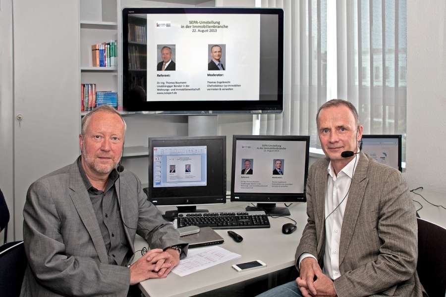 Im Webinar-Studio sind alle Vorbereitungen getroffen: Referent Dr.-Ing. Thomas Baumann (li.) und Moderator Thomas Engelbrecht, Chefredakteur der IVV. FOTO: HUSS MEDIEN/KERSTIN SABOTKE