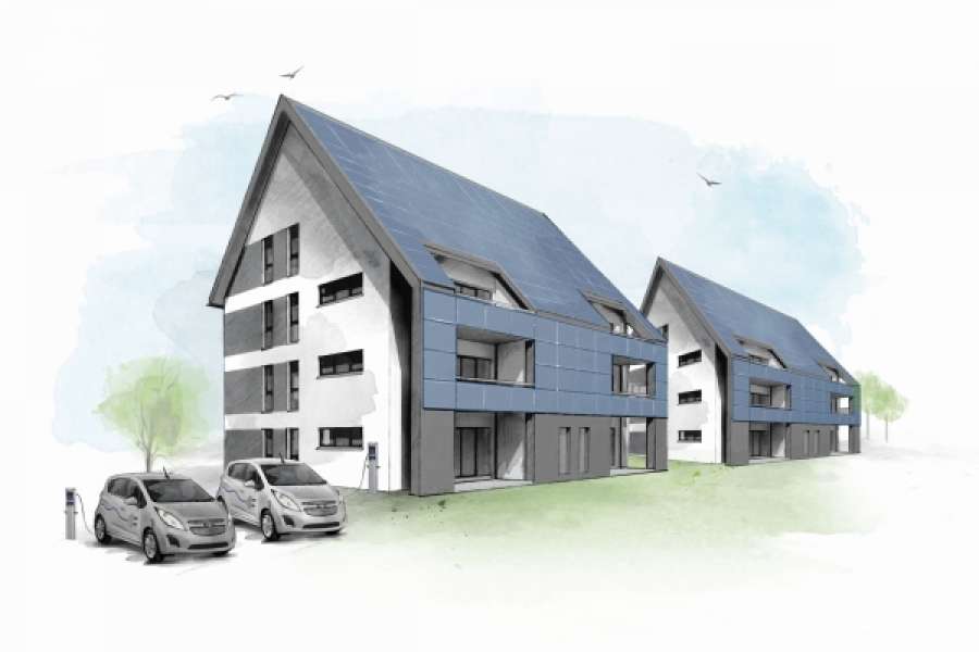 Visualisierung der zwei enregieautarken Mehrfamilienhäuser der Wohnungsgenossenschaft Cottbus.