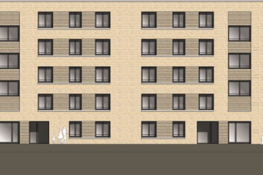 Vorderansicht von einem viergeschossigen Mehrfamilienhaus mit Staffelgeschoss im geförderten Wohnungsbau, das Sahle Wohnen in Franklin-Mitte errichtet. © Sahle Wohnen, Detailänderungen möglich