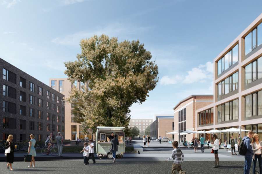Der zentrale Quartiersplatz der KOLBENHÖFE. Links Wohnen, rechts Arbeiten und Gastronomie in der Halle 6. Visualisierung: Freiland Hamburg GmbH
