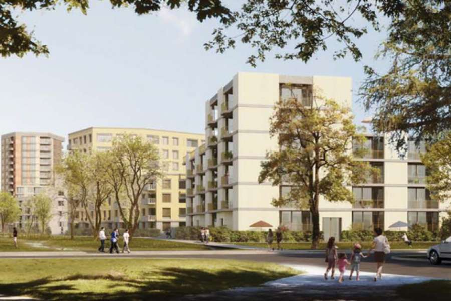 Blick vom Grünzug auf die geplanten Neubauten. Visualisierung: 03 Architekten, München
