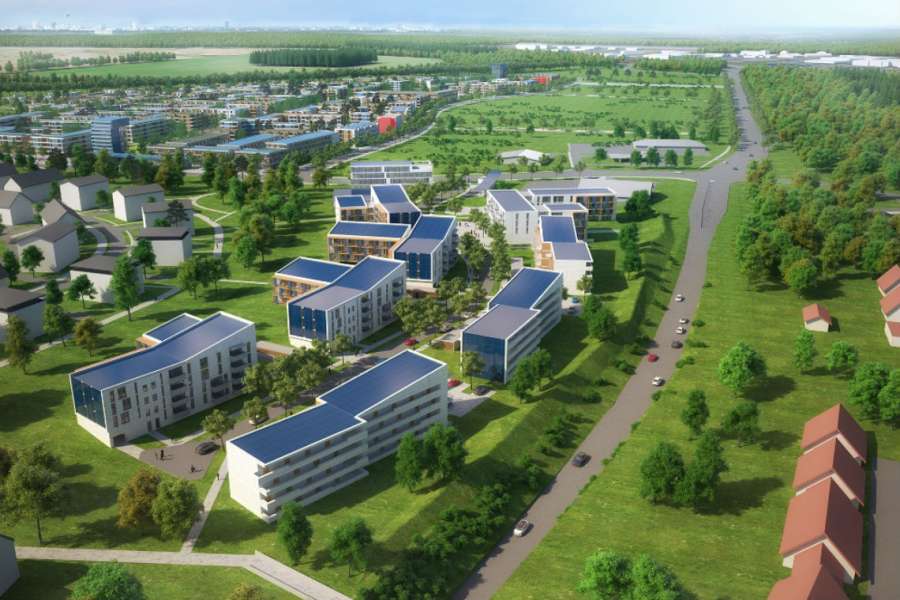 Bauabschnitt SolWo Königspark So soll der erste Bauabschnitt des neuen Wohnviertels in Königs Wusterhausen aussehen. Seine Bewohner sollen zukünftig energieeffizient, kostengünstig und zuverlässig versorgt werden. (Foto: © Hegger Hegger Schleiff Architekten)