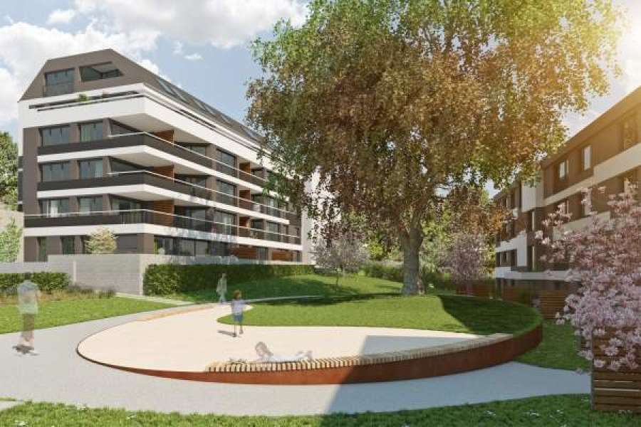 BILD: WÜSTENROT HAUS- UND STÄDTEBAU. Blick in den Innenhof mit der markanten Rotbuche.